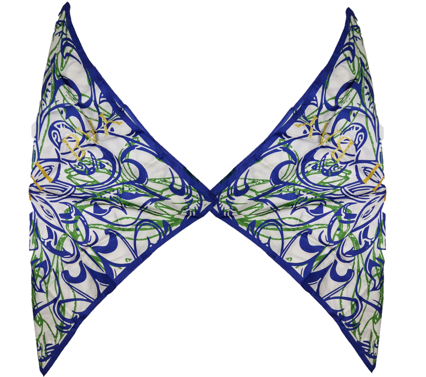 Foulard satin de soie Blanc- Motif Floral baroque bleu