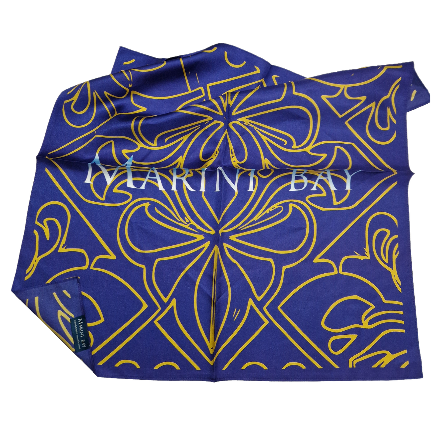 Foulard Satin de Soie Bleu nuit-Motif baroque doré