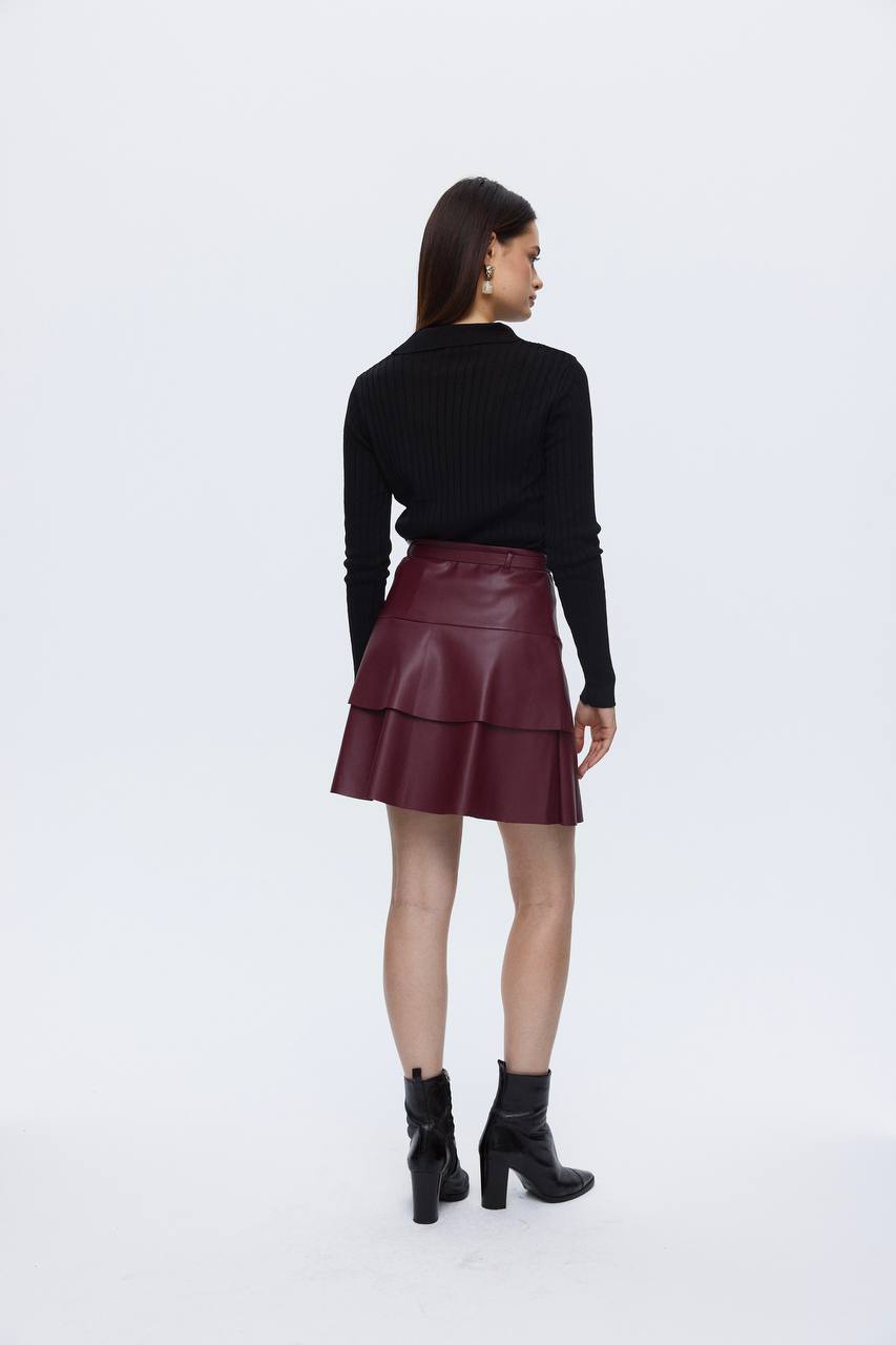 Jupe Mini en Simili Cuir-Bordeaux