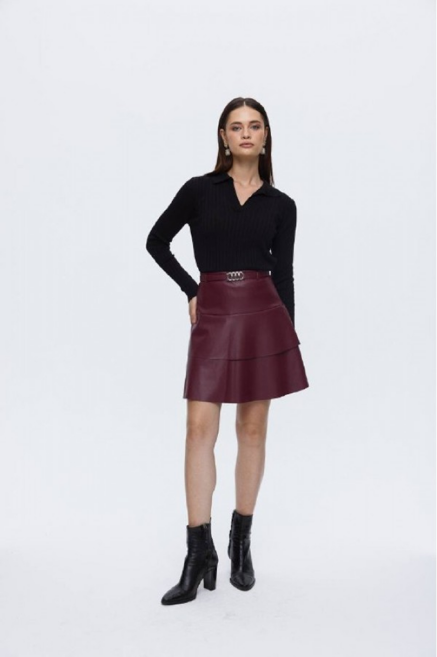 Jupe Mini en Simili Cuir-Bordeaux