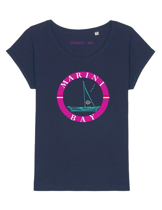 Tee-shirt à manches courtes- Bleu nuit - Logo Fushia