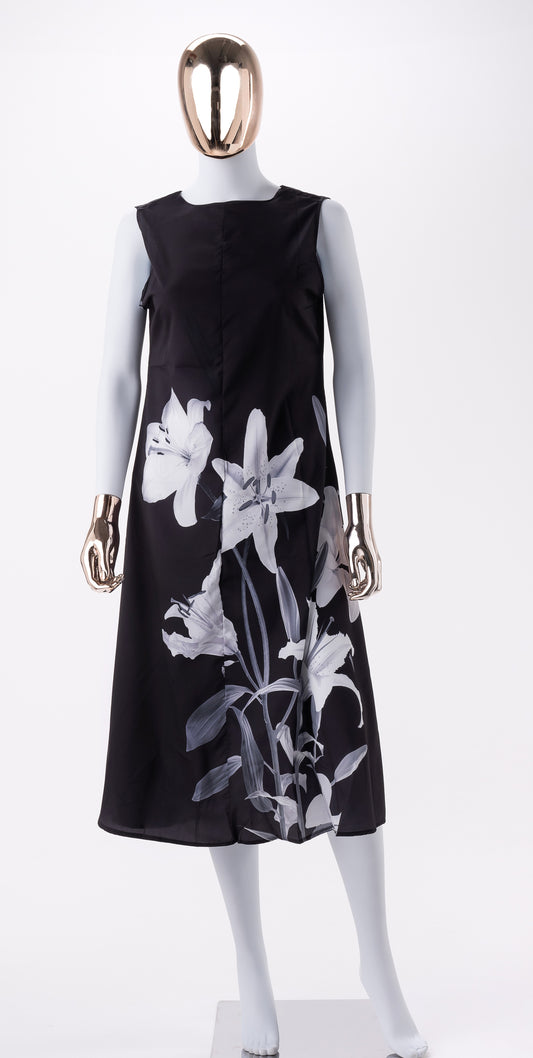 Robe de jour-Motifs floraux-Noir