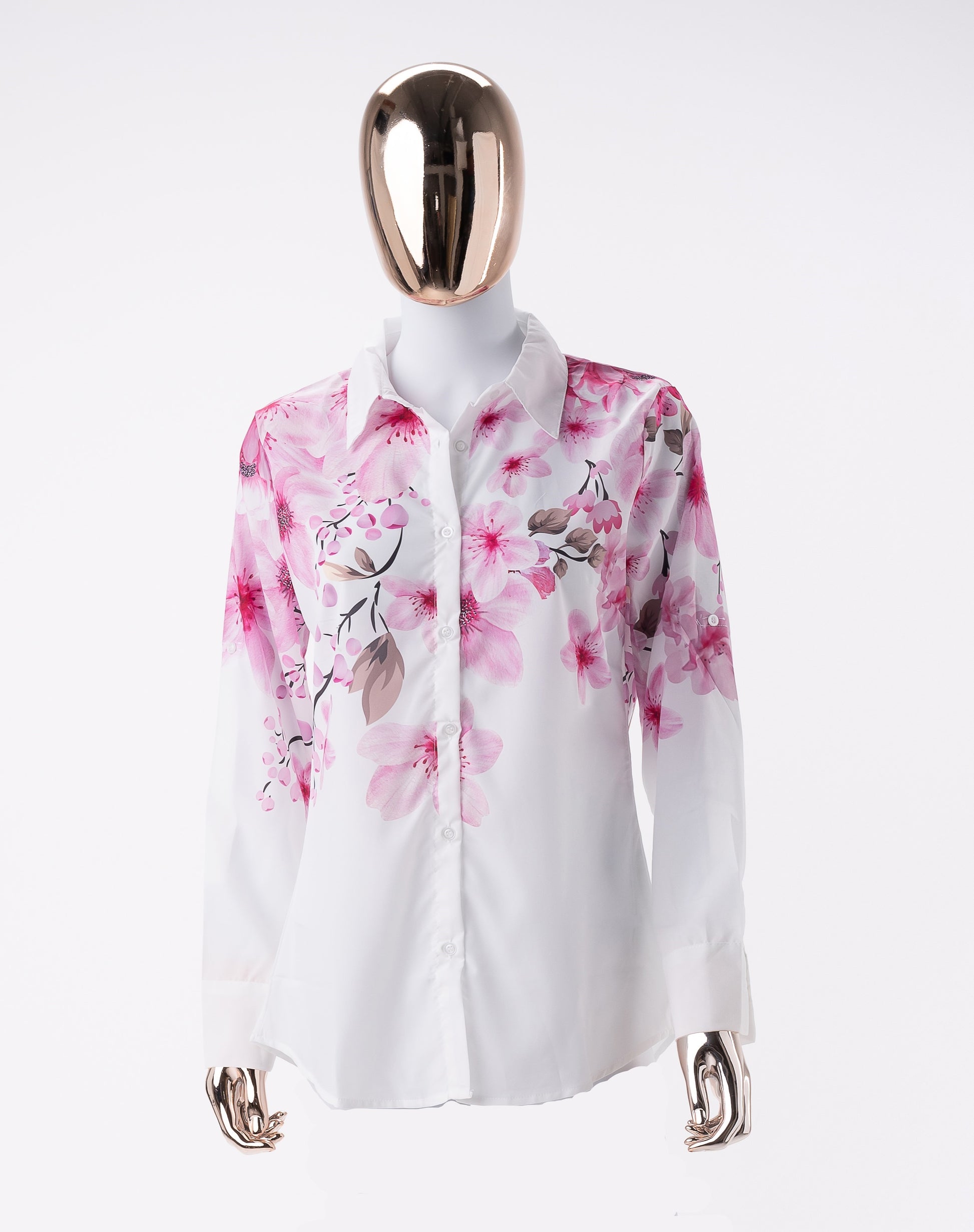 Chemise à manches longues-floral rose sur fond blanc