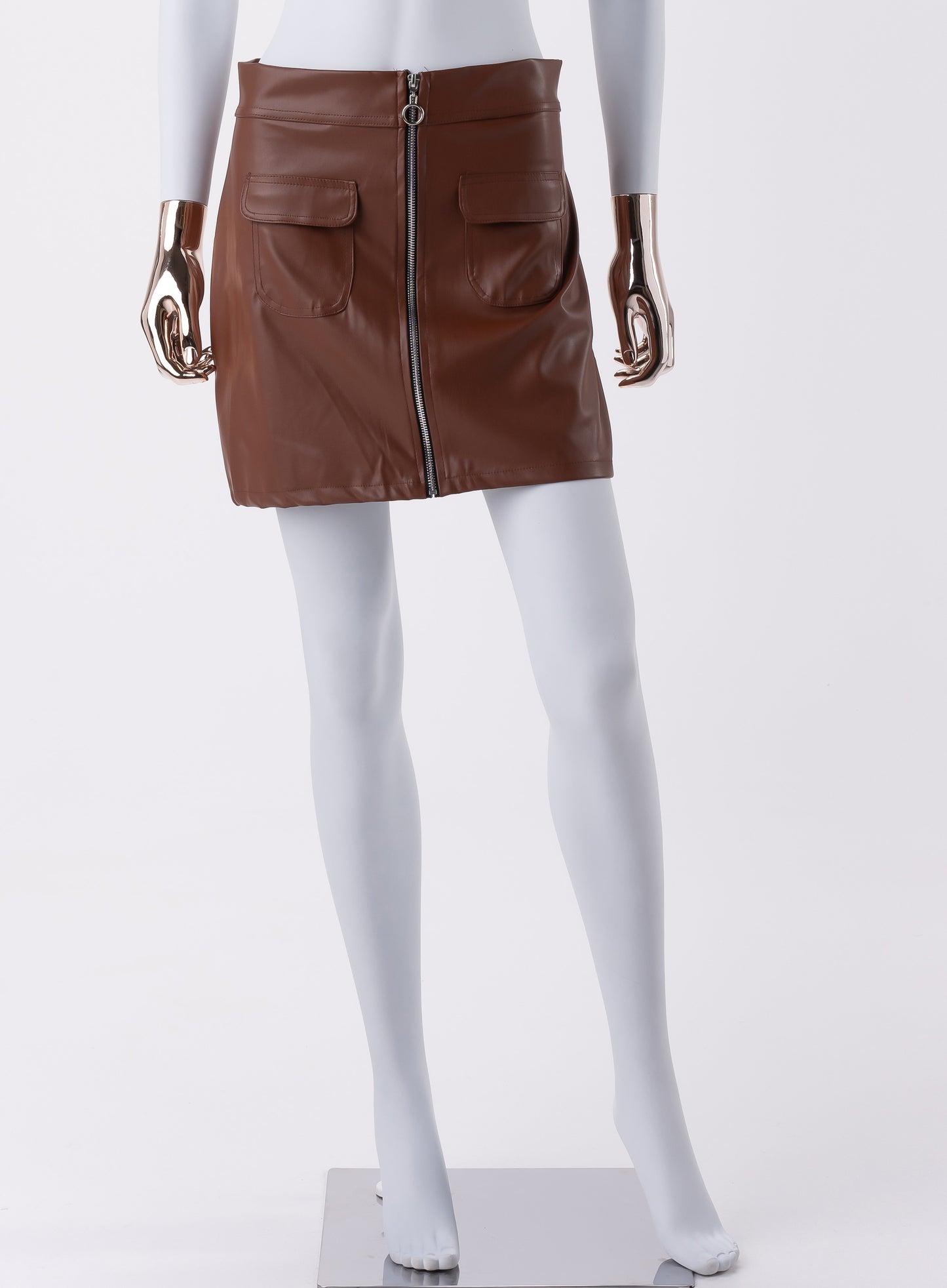 Jupe Mini en Simili Cuir-Marron