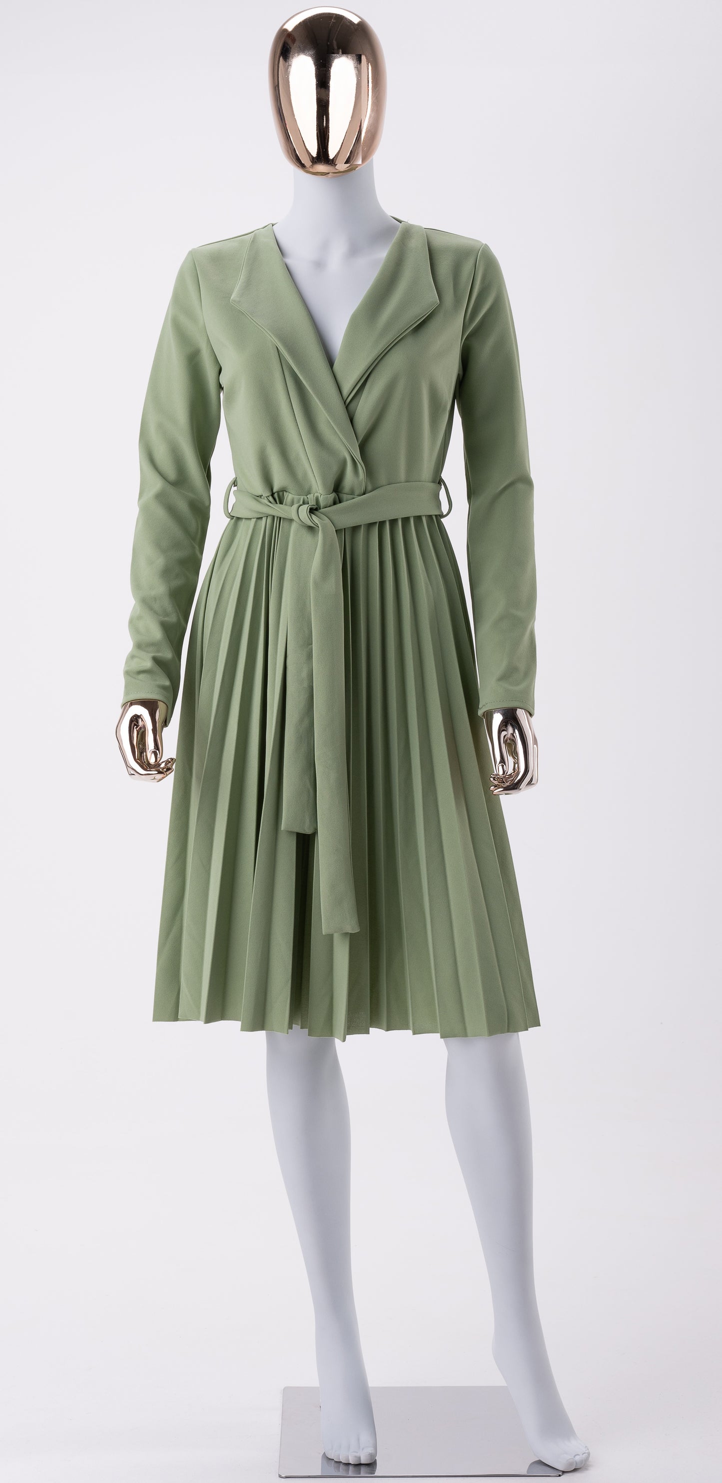 Robe de jour-Plissée à Manches longues-Vert Menthe