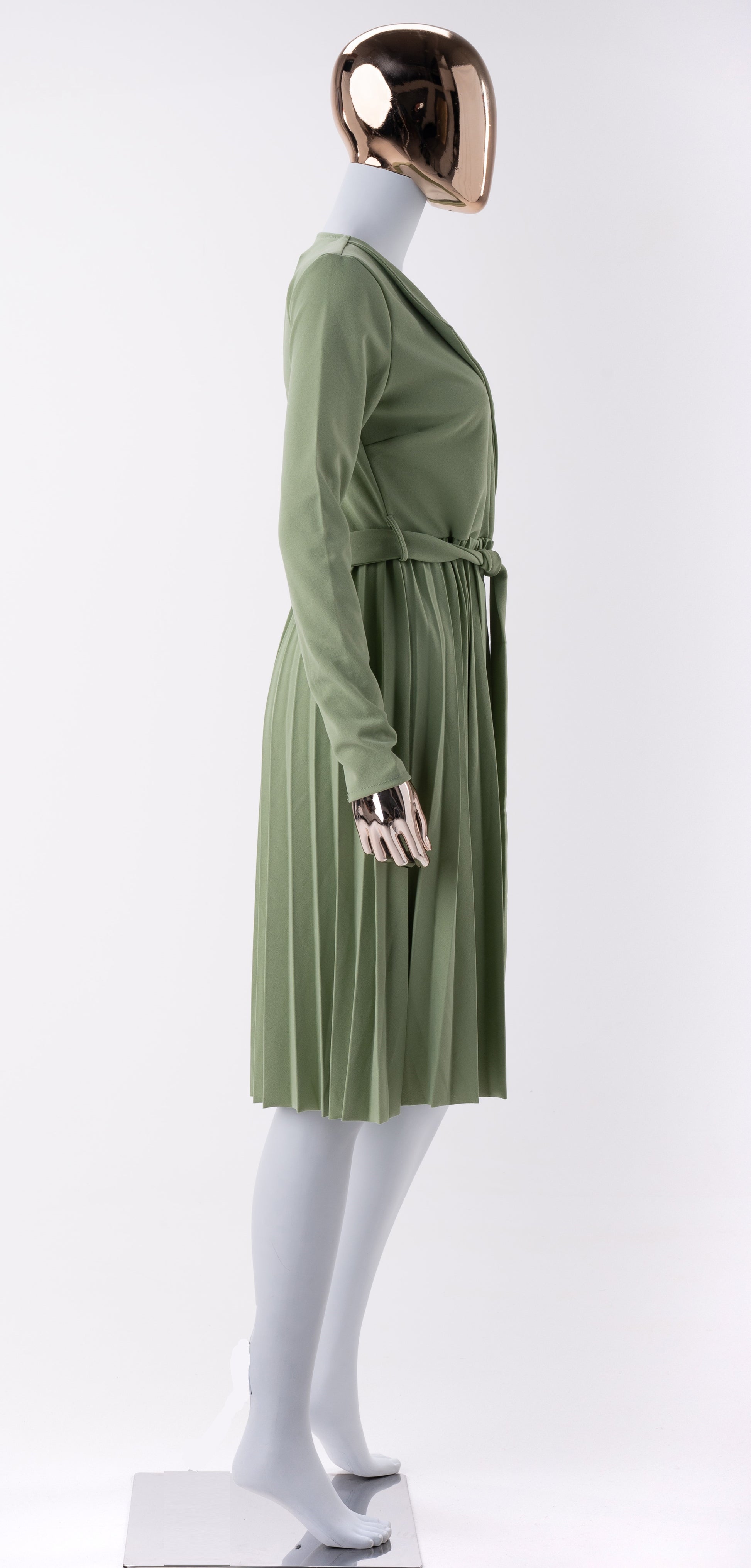 Robe de jour-Plissée à Manches longues-Vert Menthe