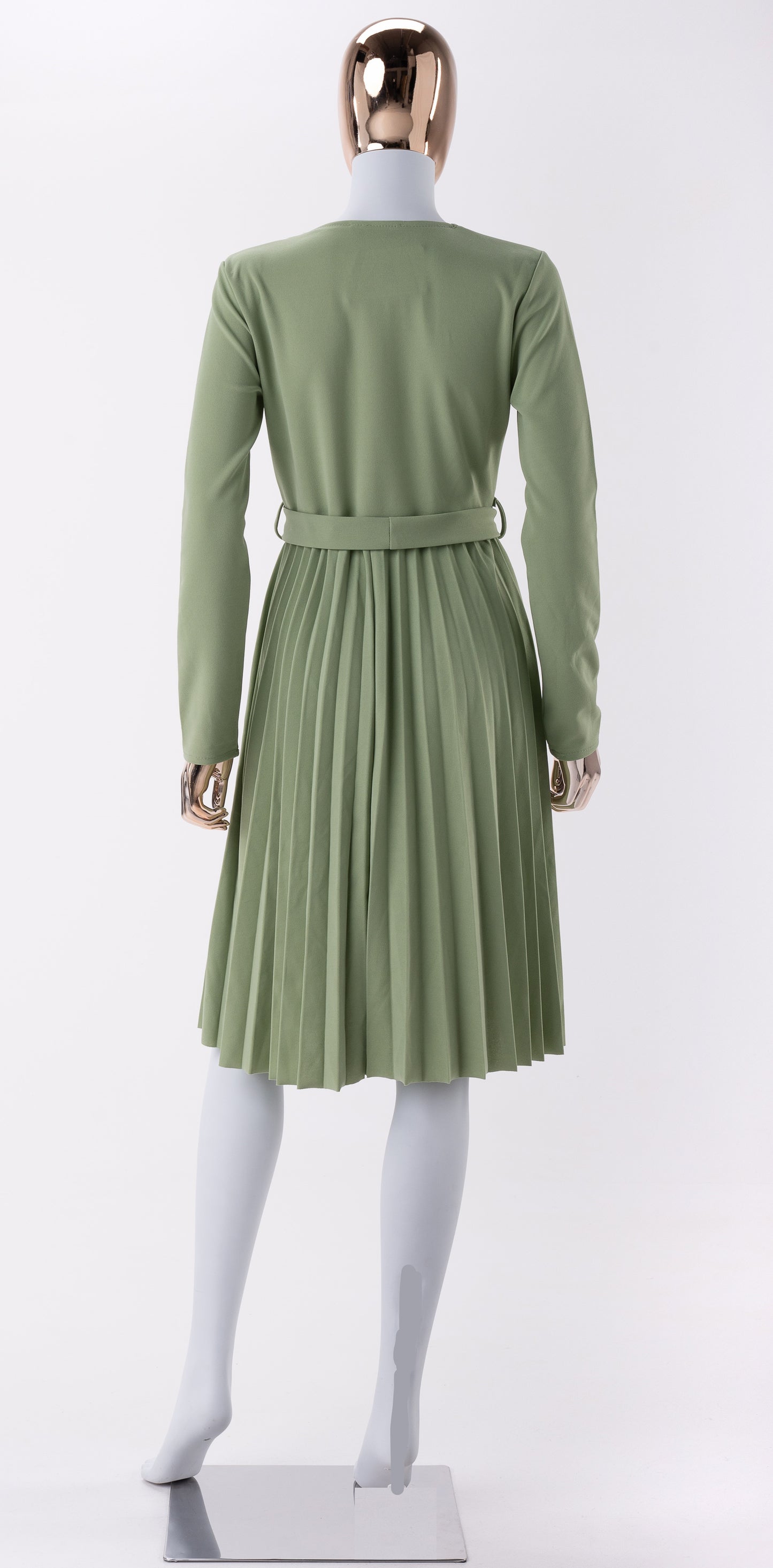 Robe de jour-Plissée à Manches longues-Vert Menthe