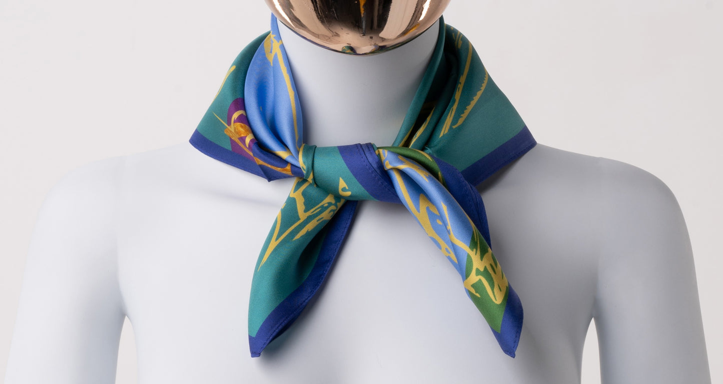 Blue &amp; Green Silk Satin Scarf - Gold Patterns