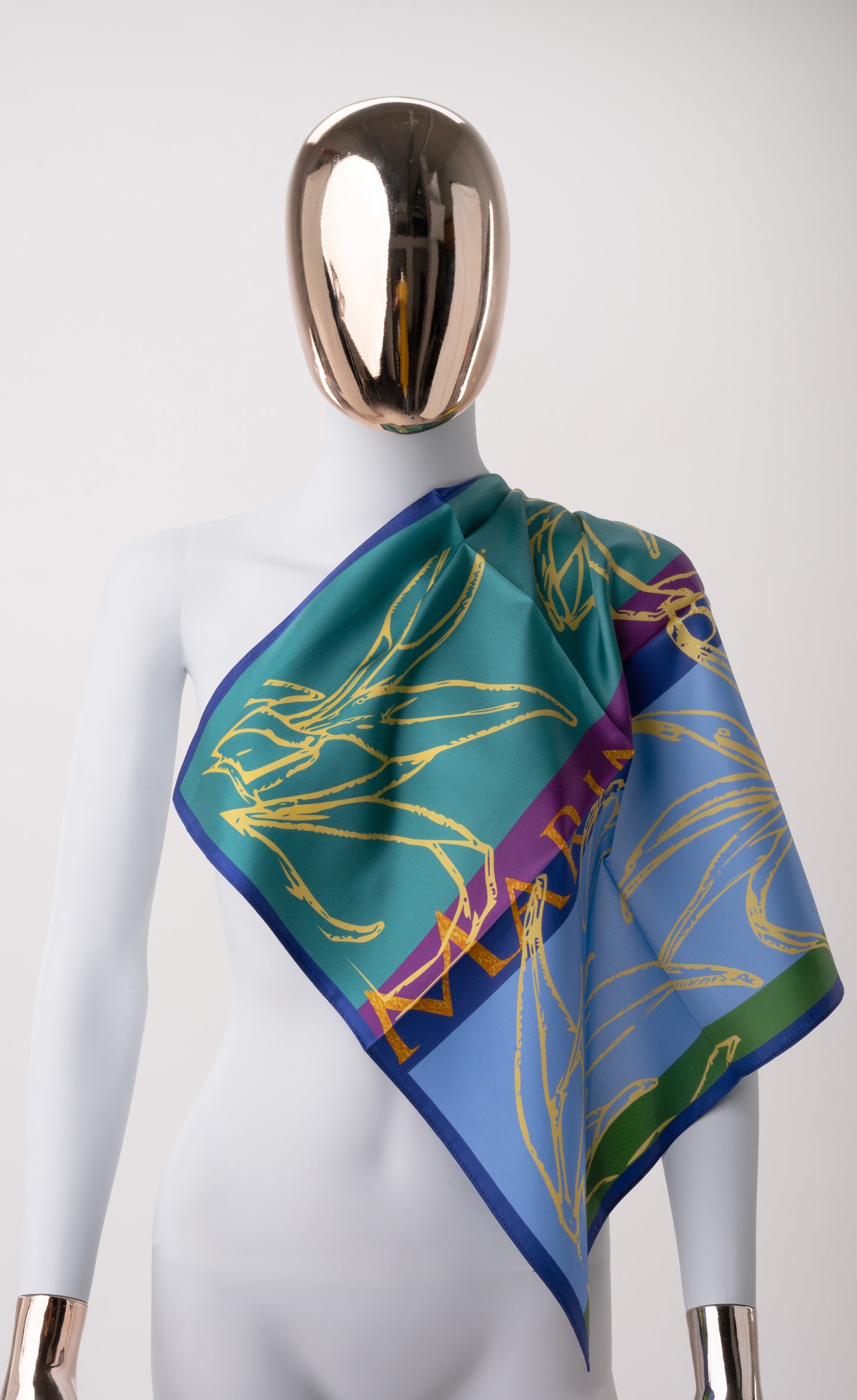 Blue &amp; Green Silk Satin Scarf - Gold Patterns