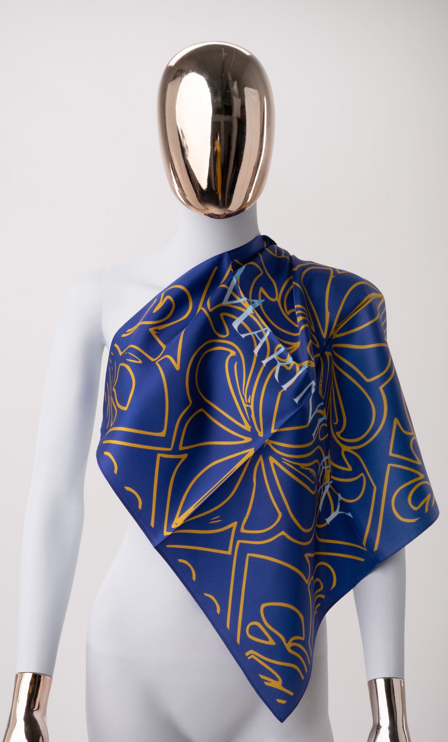 Foulard Satin de Soie Bleu nuit-Motif baroque doré