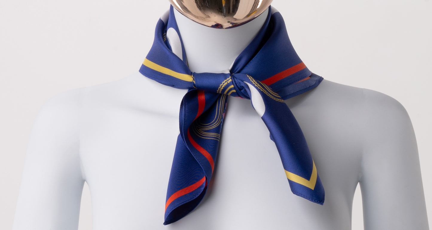 Foulard Satin de Soie bleu nuit-Motifs floraux logo