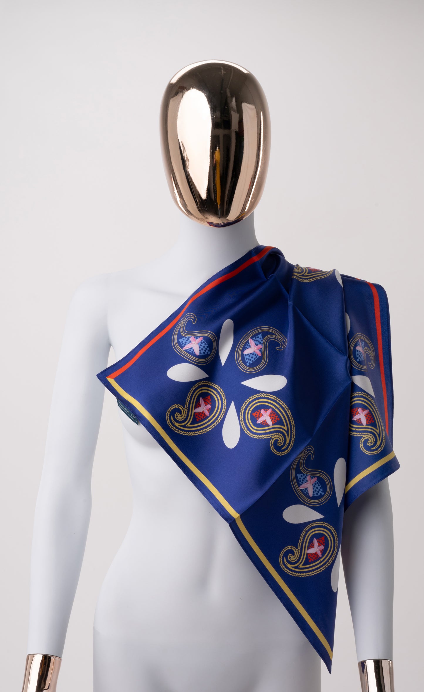 Foulard Satin de Soie bleu nuit-Motifs floraux logo