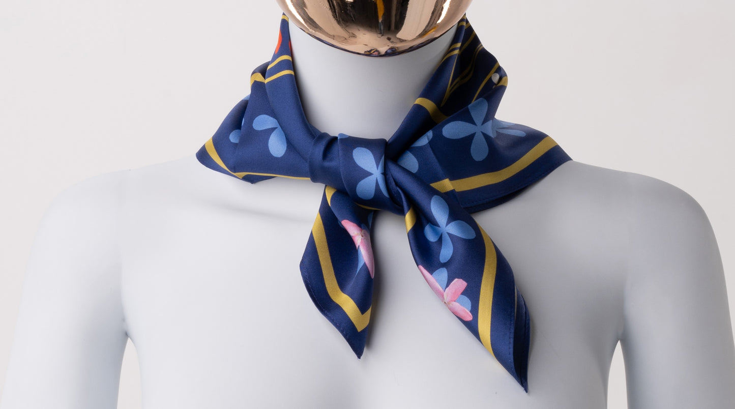 Silk satin scarf Midnight blue-Petal patterns