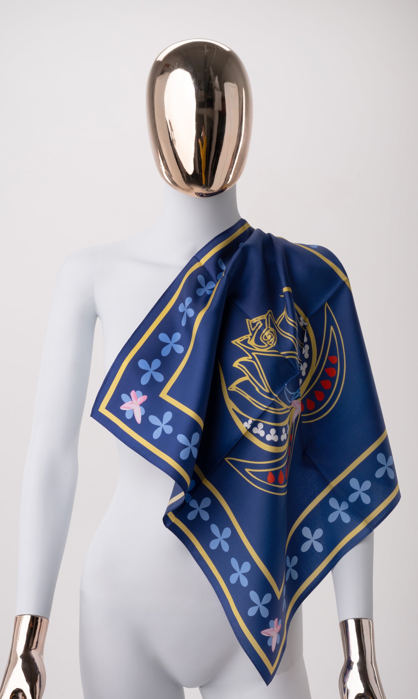 Silk satin scarf Midnight blue-Petal patterns