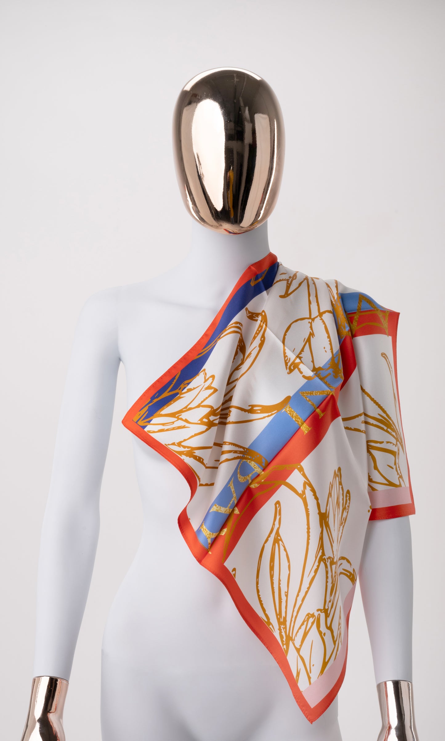 Foulard satin de soie blanc-Motif or