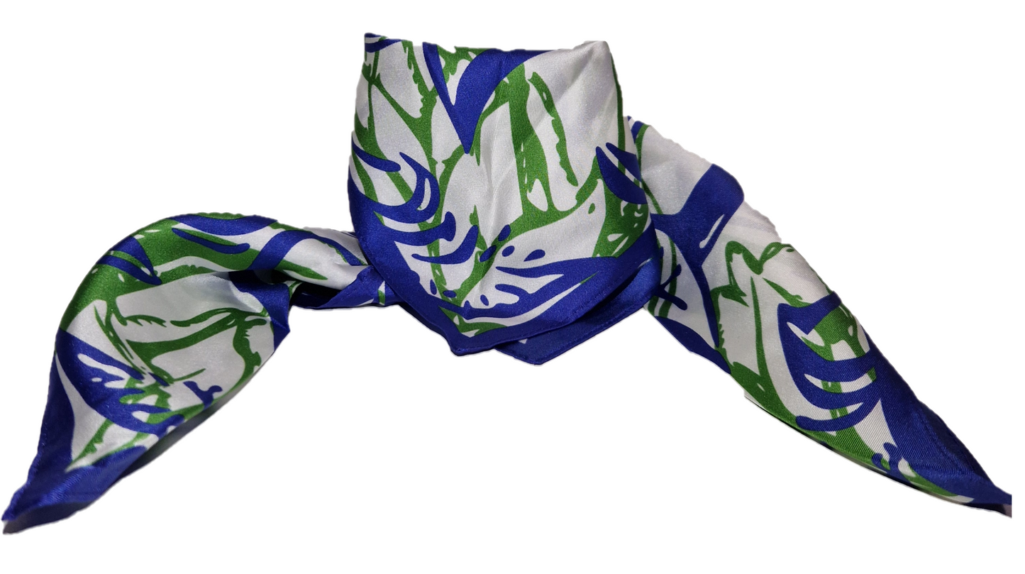 Foulard satin de soie Blanc- Motif Floral baroque bleu